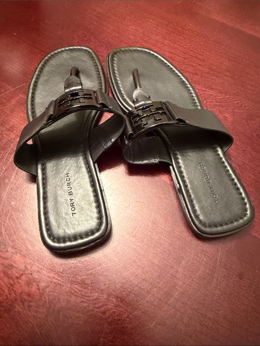 Tory Burch Black Leather Logo Thong Sandals - Picture 7 of 11